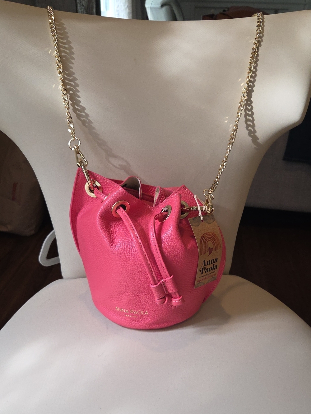 Anna Paola Pink Pebbled Genuine Leather Mini Bucket Bag with Gold Chain